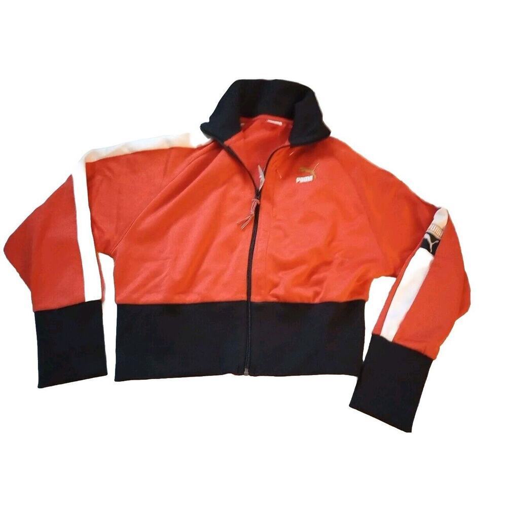 Puma Crop Jacket T7 Womens Sz M New‎ Orange Black Striped Athletic Full Zip